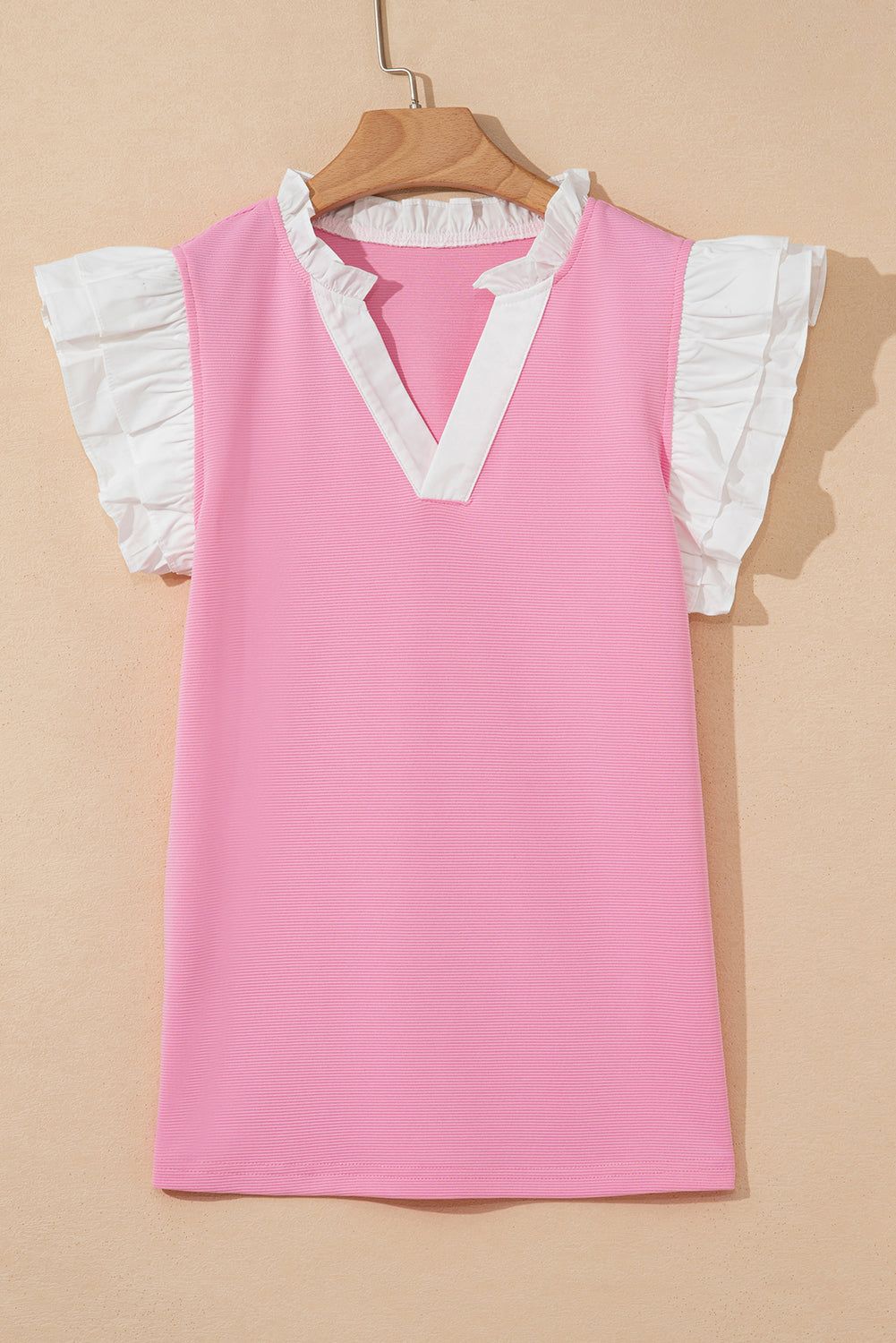 Serena Contrast V Neck Ruffled Textured Knit Top