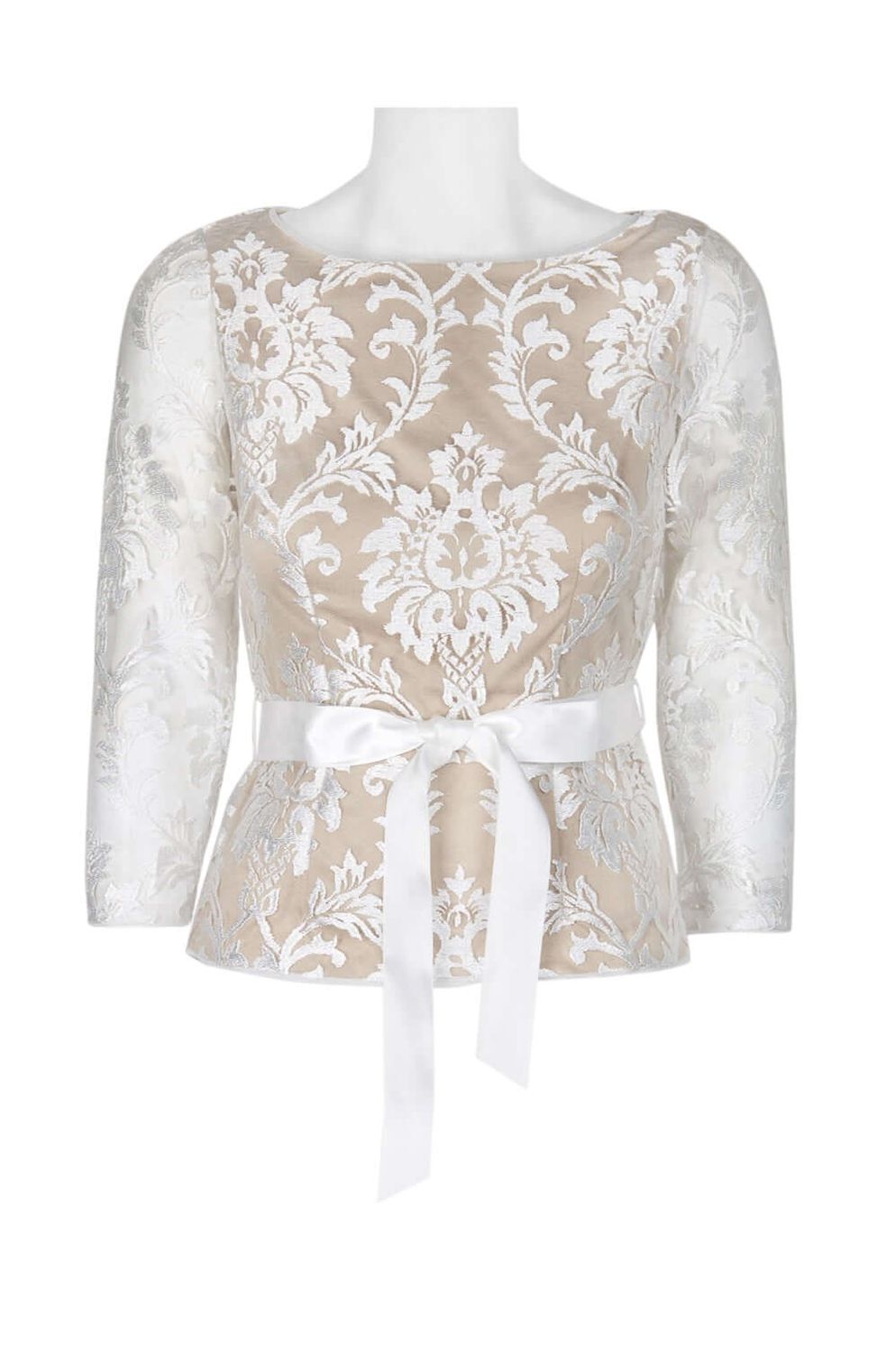 Adrianna Papell Boat Neck 3/4 Sleeve Tie Waist Floral Embroidered Mesh Blouse