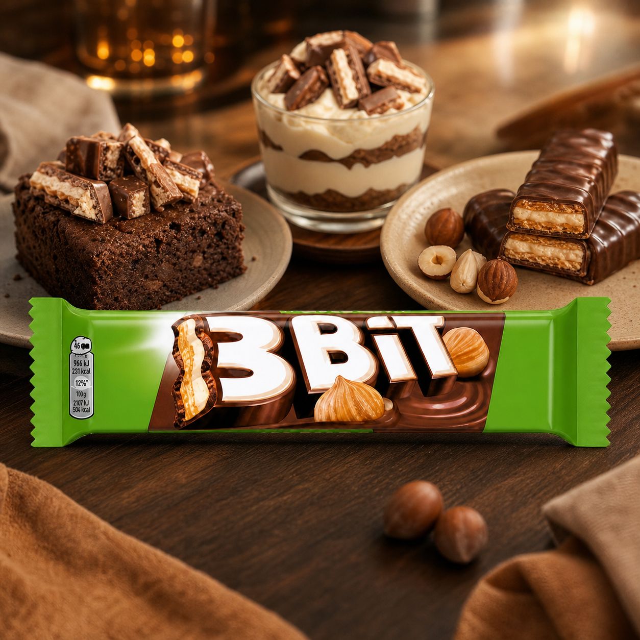 3BIT milk chocolate covered biscuit bar with hazelnut flavoured filling 46 g