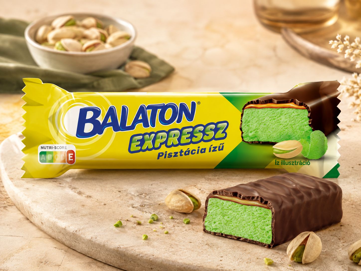 Balaton Express dark chocolate coated bar with pistachio flavour and caramel 35 g