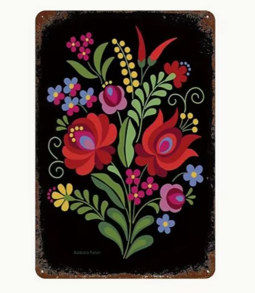 Hungarian folk art metal sign with floral pattern
