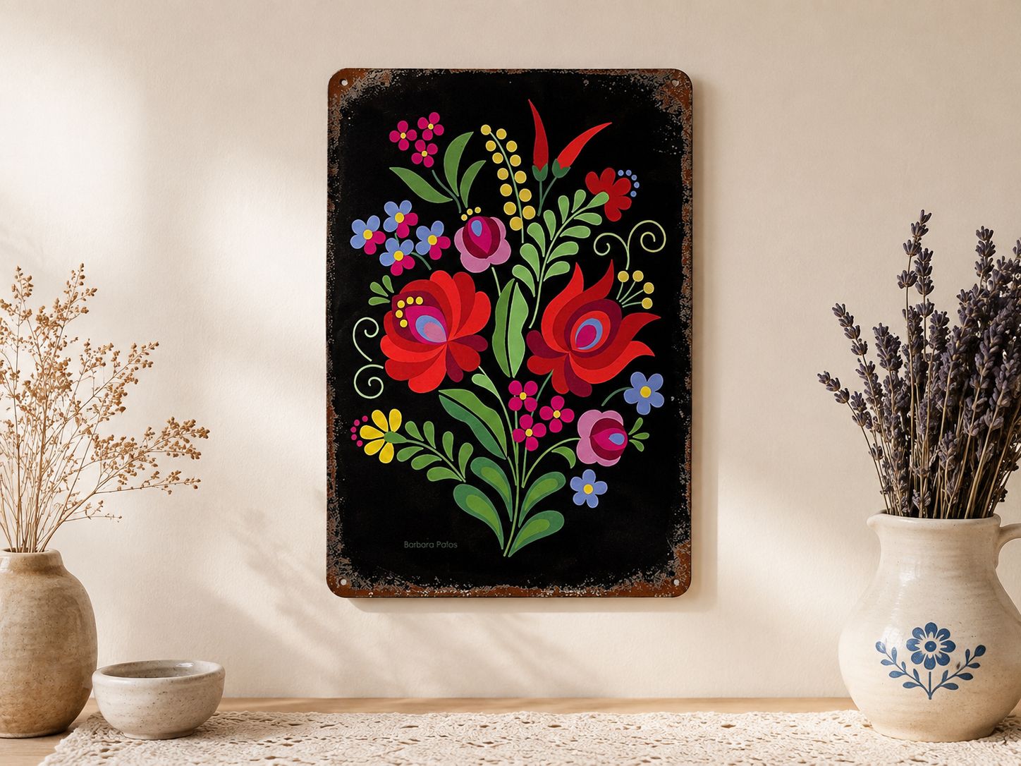 Hungarian folk art metal sign with floral pattern