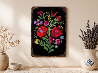 Hungarian folk art metal sign with floral pattern