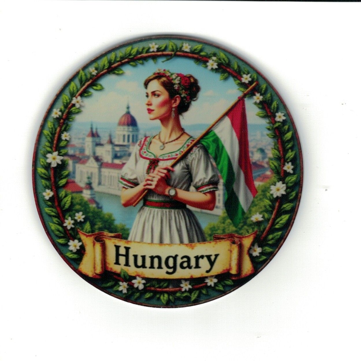 Hungarian souvenir fridge magnet with Budapest skyline