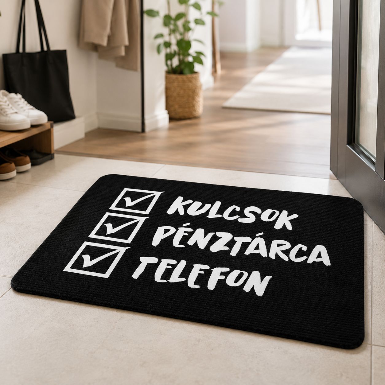 Doormat with Hungarian text “Keys Wallet Phone”