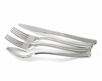480 piece Heavyweight Plastic Silverware (120 knives, 120 spoons, 240 forks) Silver Coated