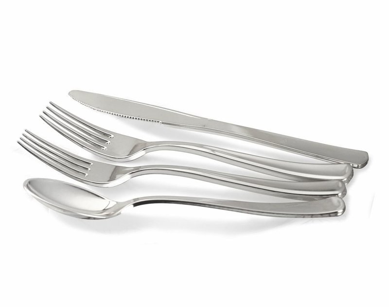 480 piece Heavyweight Plastic Silverware (120 knives, 120 spoons, 240 forks) Silver Coated