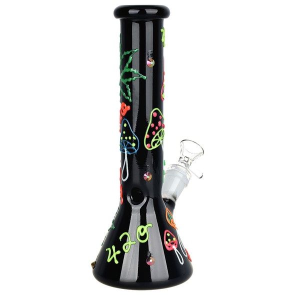 420 Hemp Leaf and Shrooms Glow In The Dark Glass Beaker Water Pipe | 9.5" | 14mm F
