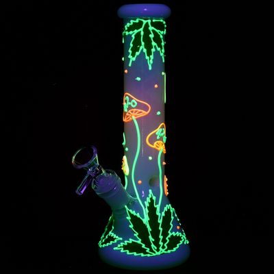 420 Hemp Leaf and Shrooms Glow In The Dark Glass Beaker Water Pipe | 9.5" | 14mm F