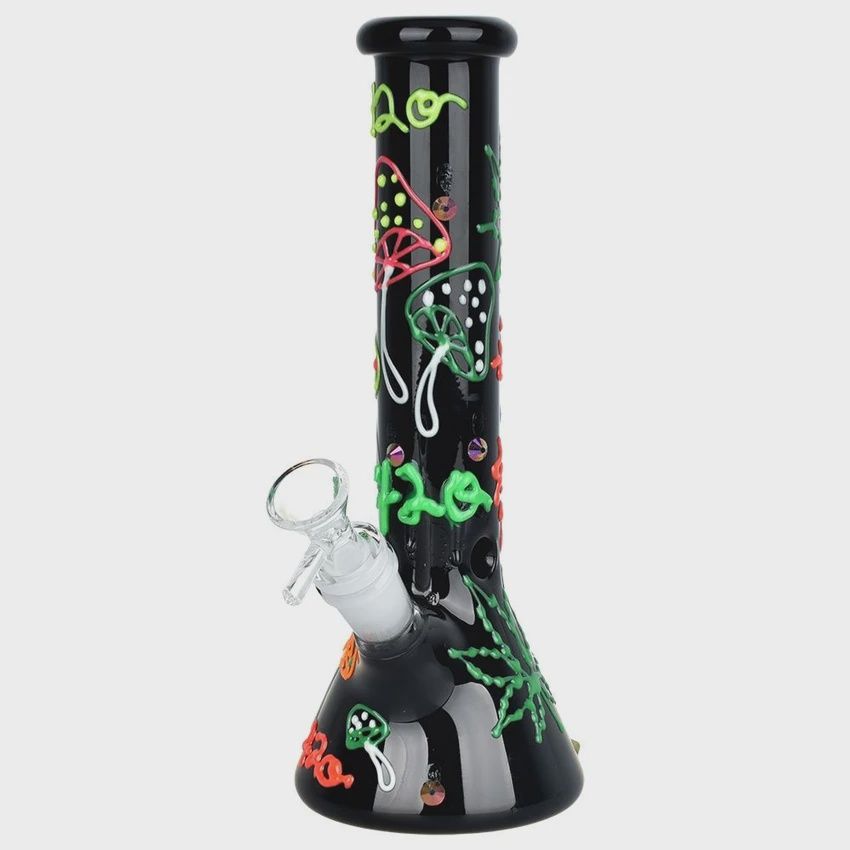 420 Hemp Leaf and Shrooms Glow In The Dark Glass Beaker Water Pipe | 9.5" | 14mm F