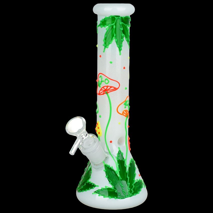 420 Hemp Leaf and Shrooms Glow In The Dark Glass Beaker Water Pipe | 9.5" | 14mm F, Color: white