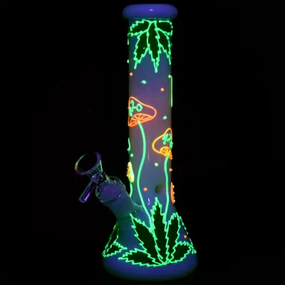 420 Hemp Leaf and Shrooms Glow In The Dark Glass Beaker Water Pipe | 9.5" | 14mm F