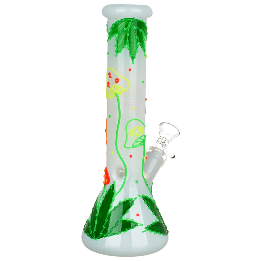 420 Hemp Leaf and Shrooms Glow In The Dark Glass Beaker Water Pipe | 9.5" | 14mm F