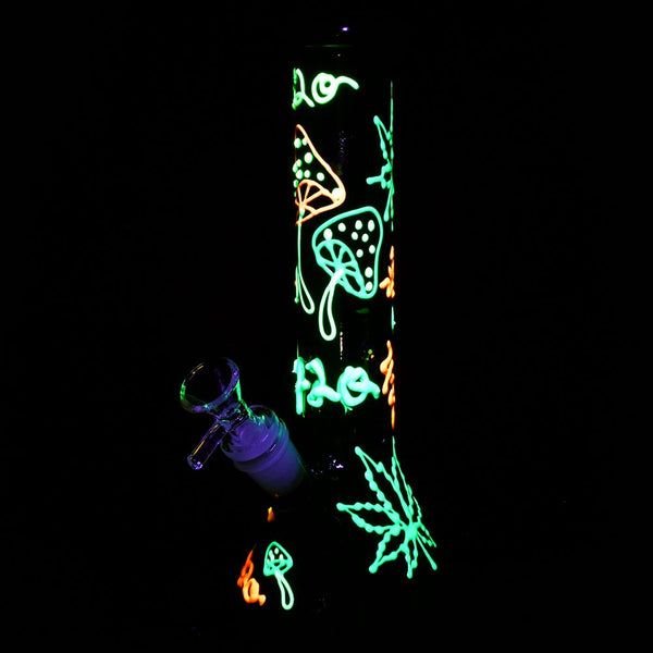420 Hemp Leaf and Shrooms Glow In The Dark Glass Beaker Water Pipe | 9.5" | 14mm F