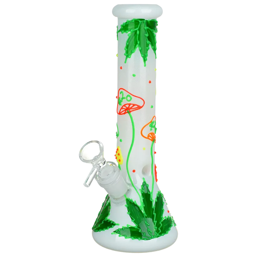 420 Hemp Leaf and Shrooms Glow In The Dark Glass Beaker Water Pipe | 9.5" | 14mm F, Color: white