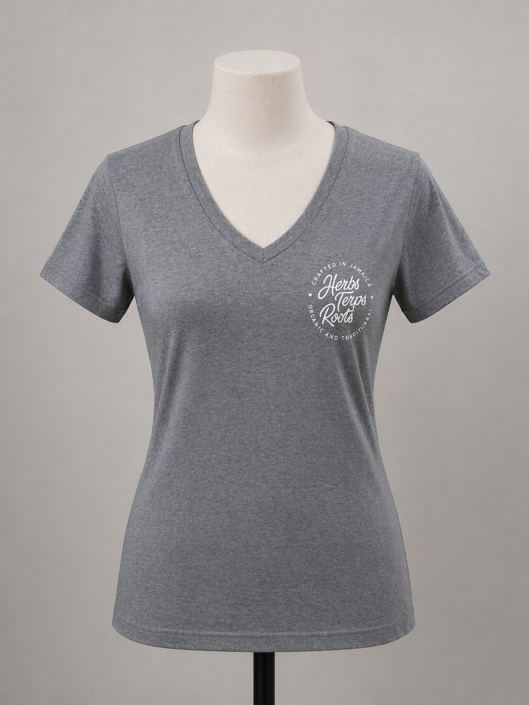 Herbs, Terps &amp; Roots Women’s Jamaica V-Neck Tee – Classic Gray