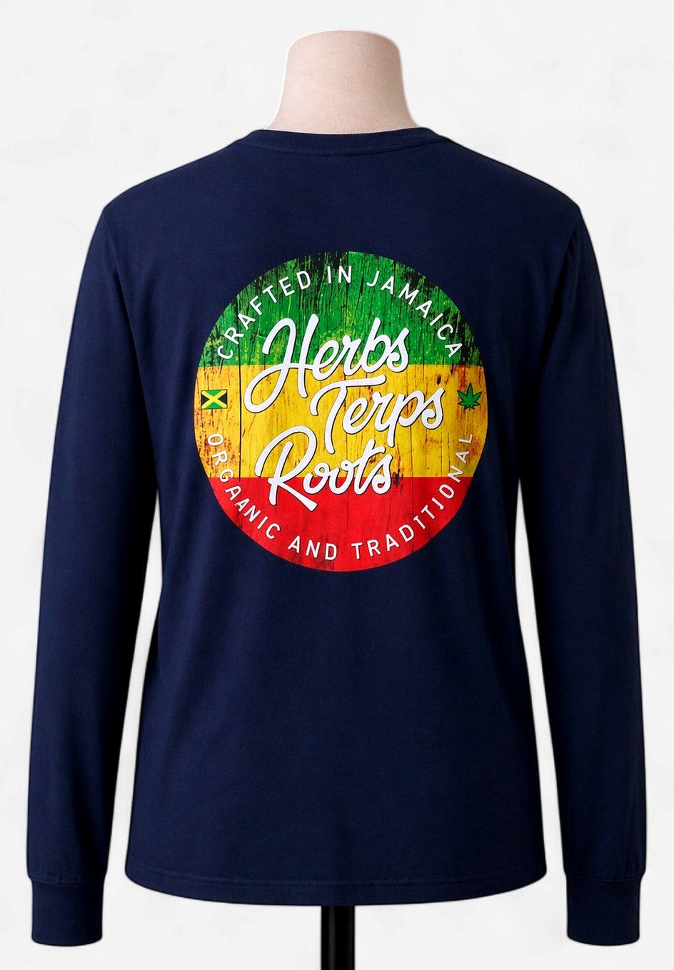 Herbs Terps Roots Vintage Jamaica Long Sleeve Tee – Navy (Back Graphic)