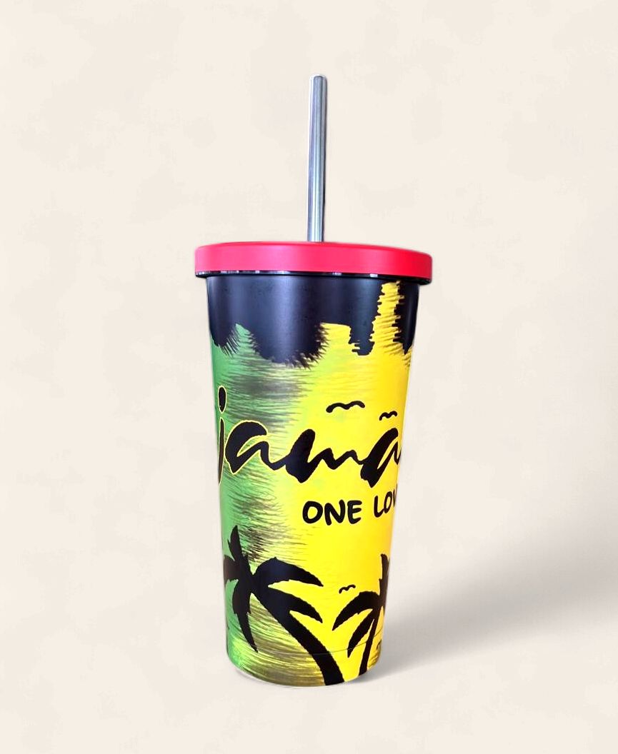 Jamaica One Love 16 oz Reusable Tumbler Cup with Lid &amp; Metal Straw