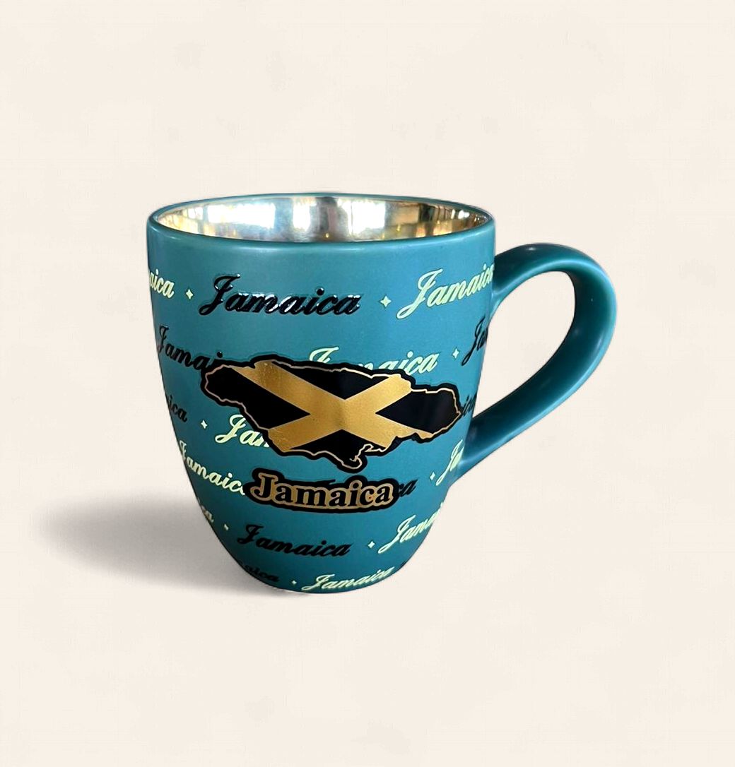 Jamaica Tropical Scenic Ceramic Coffee Mug 12 oz, Design: Jamaica Map Gold Design