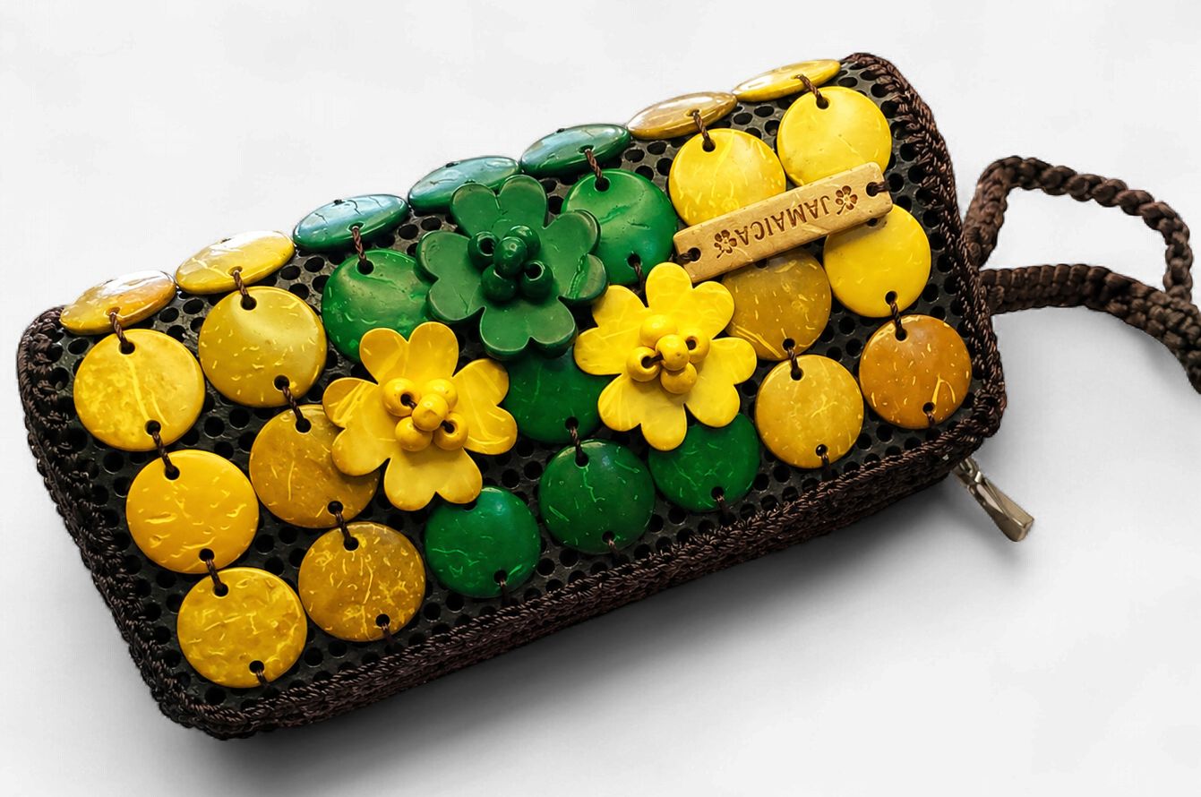 Handcrafted Jamaican Coconut Shell Wristlet – Floral Design