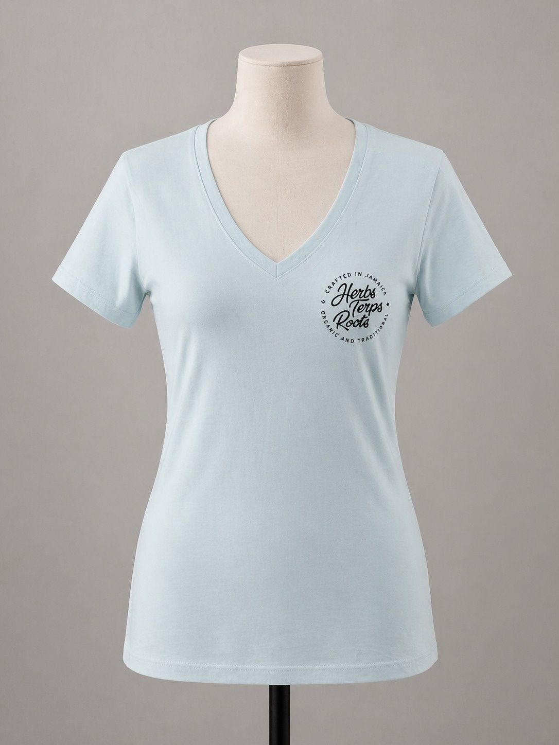 =Herbs, Terps &amp; Roots Women’s Jamaica V-Neck Tee – Sky Blue