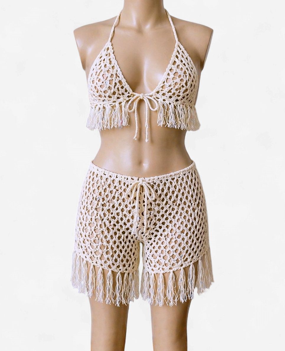 Boho Breeze Crochet Swimwear Set, Color: Beige