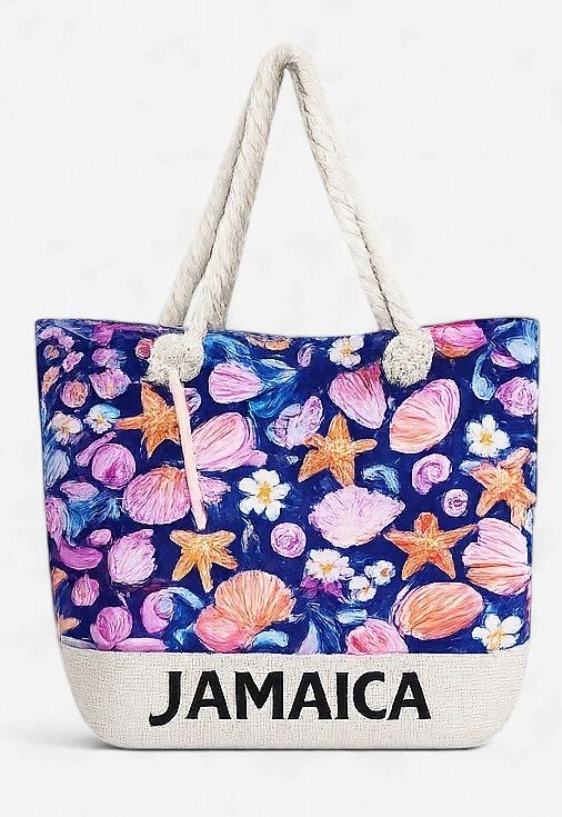 Tropical Island Beach Tote w/ pouch, Design: Island Vibes Shell Print (Navy)