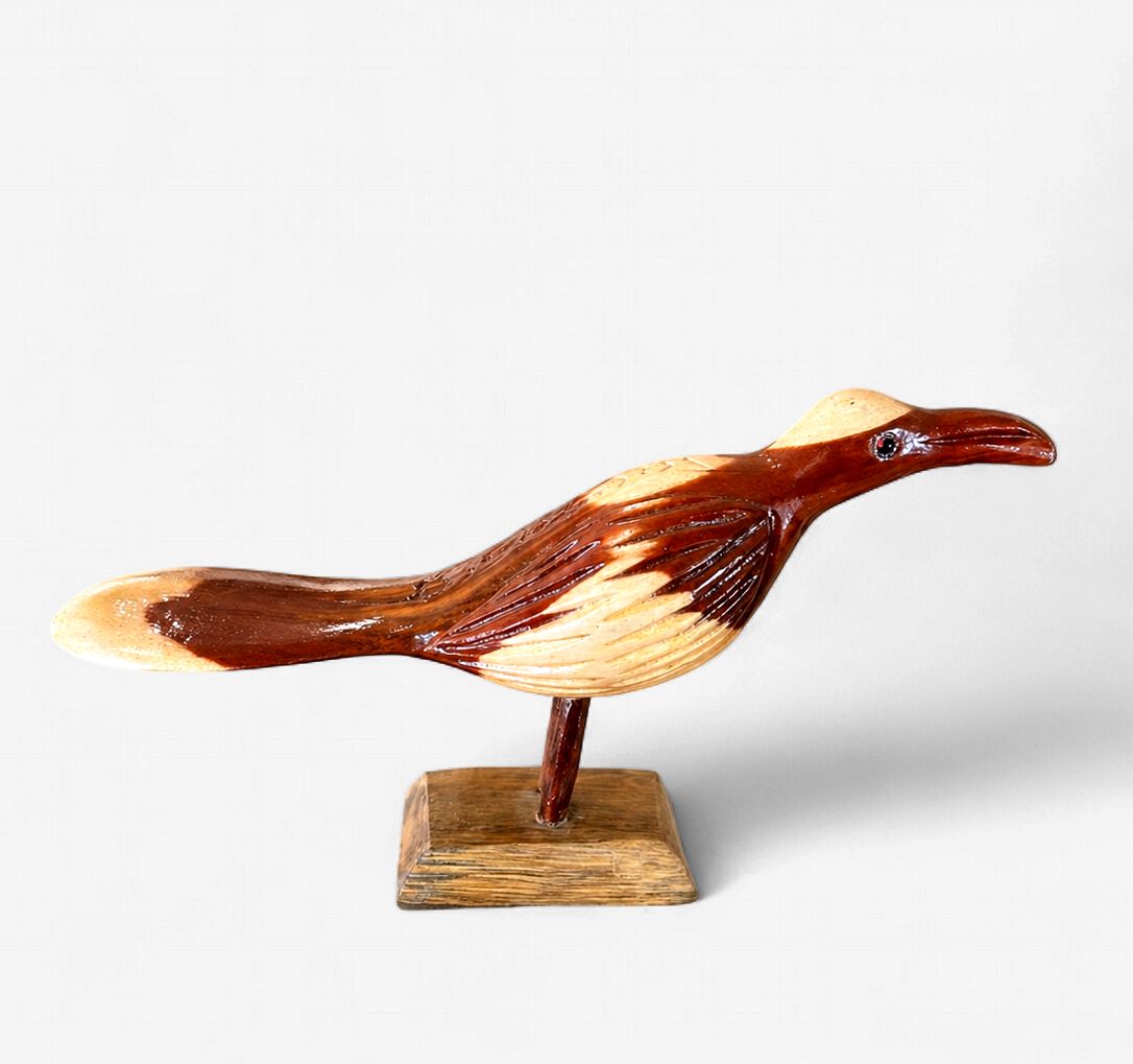 Hand-Carved Wooden Bird Sculpture on Stand