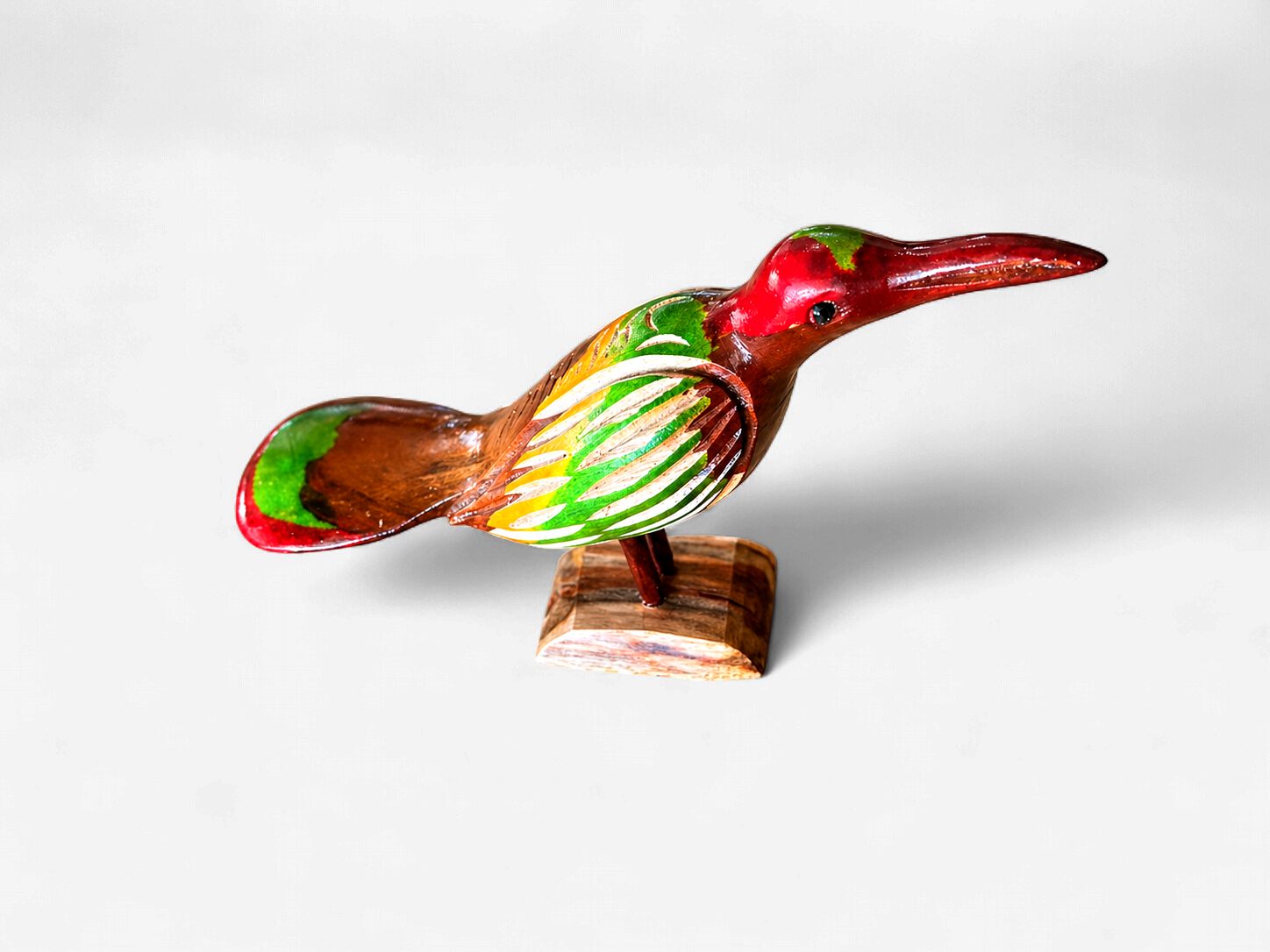 Hand-Carved Wooden Bird Sculpture on Stand