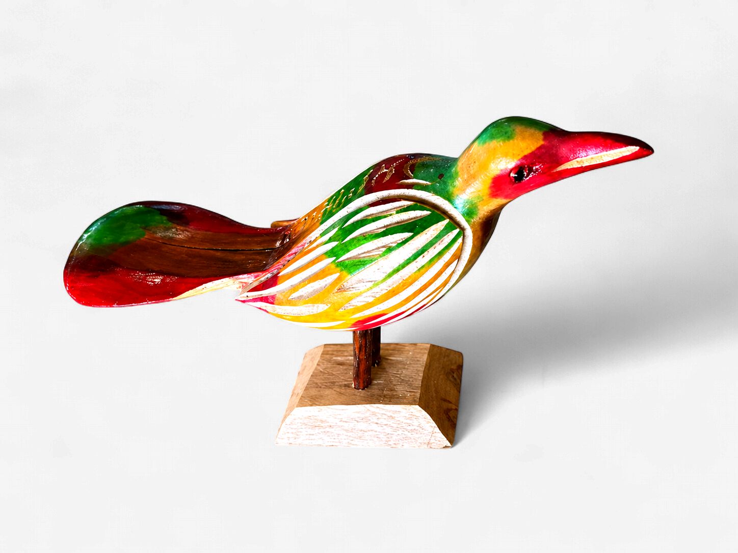 Hand-Carved Wooden Bird Sculpture on Stand