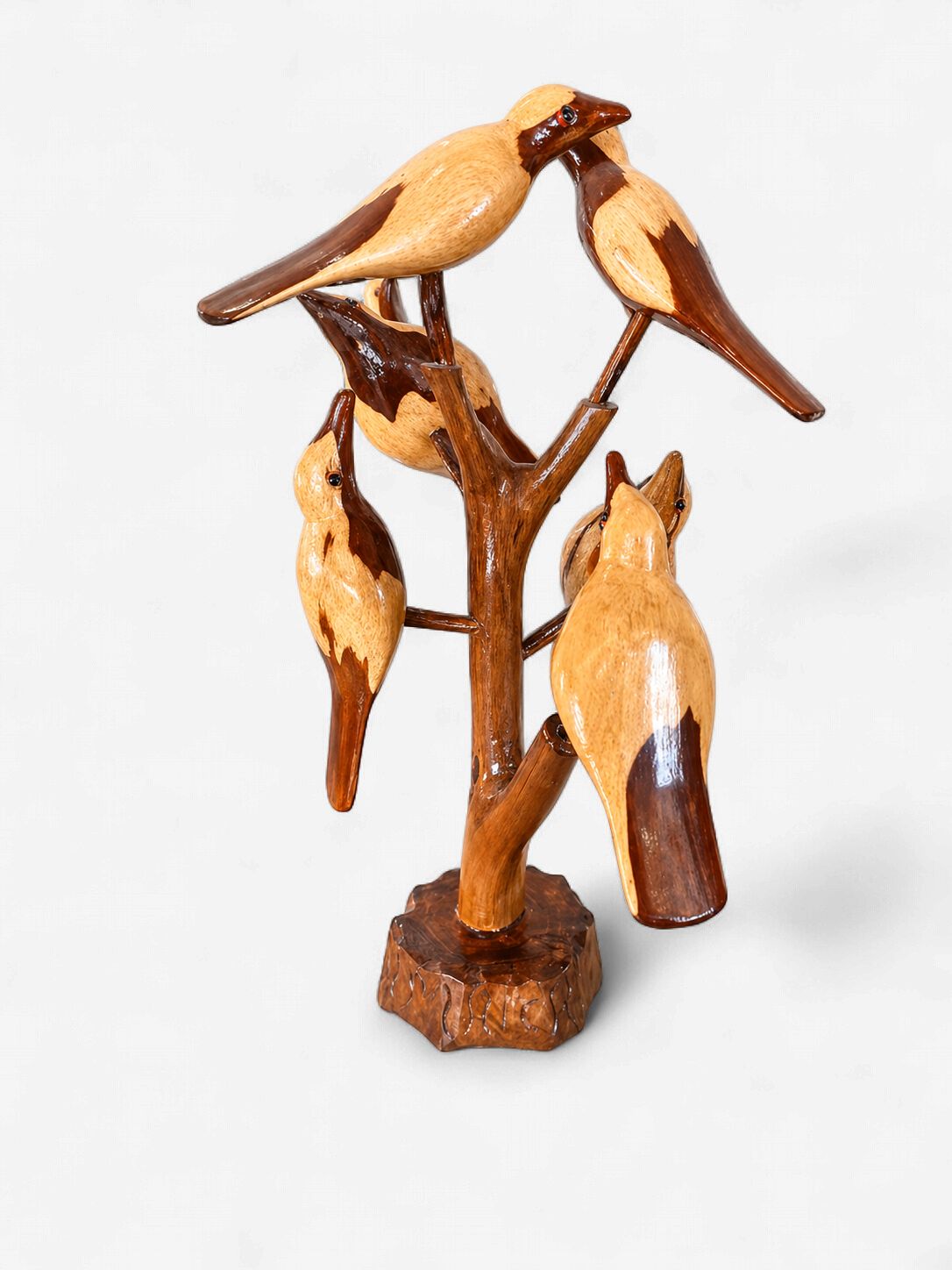 Hand-Carved Wooden Bird Tree Sculpture
