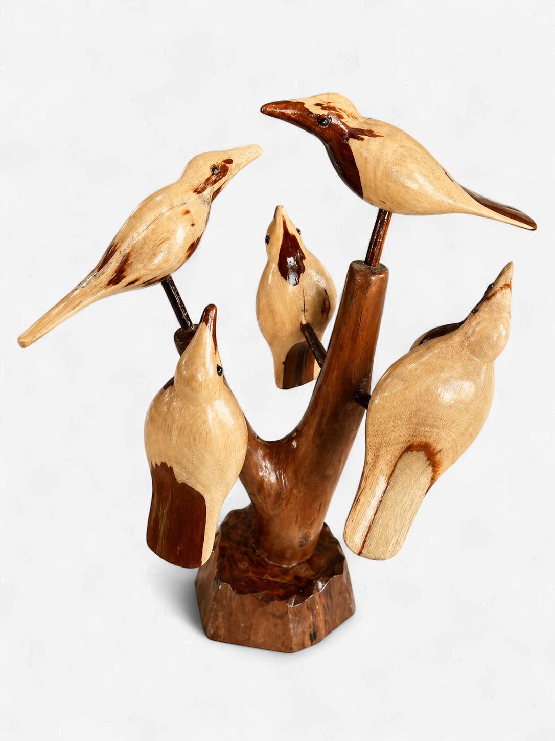 Hand-Carved Wooden Bird Tree Sculpture