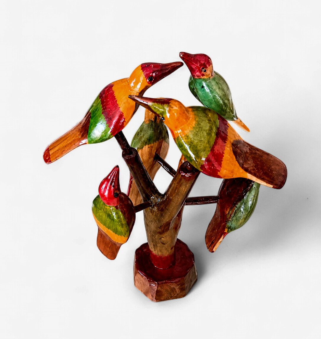 Hand-Carved Wooden Bird Tree Sculpture, Design: Caribbean Songbird Cluster
