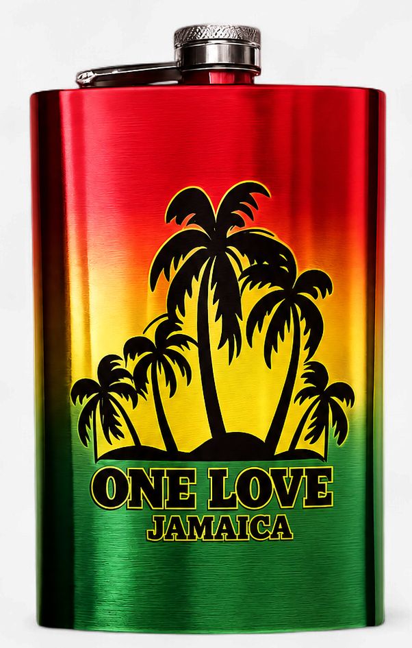 Jamaican Foil Flasks (8oz &amp; 9oz), Design: Rasta One Love
