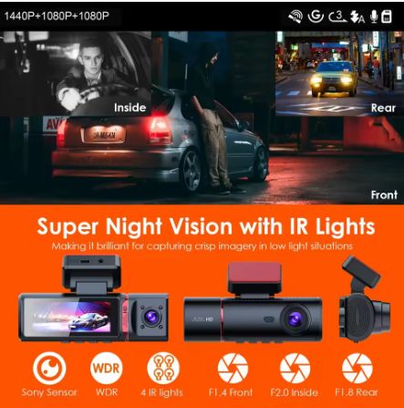 3-Channel UHD 4K Dash Cam Recorder – Front, Cabin &amp; Rear, GPS (64GB)