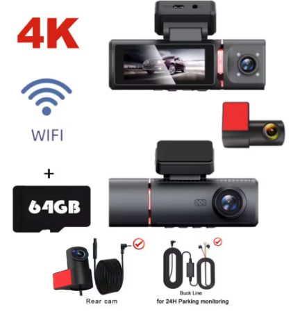 3-Channel UHD 4K Dash Cam Recorder – Front, Cabin &amp; Rear, GPS (64GB)
