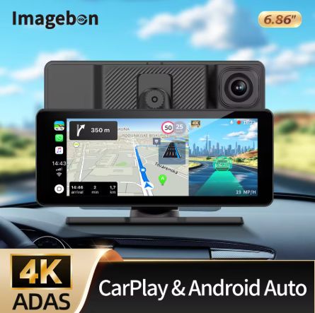 Imagebon 4K Wireless CarPlay &amp; Android Auto Dash Cam with ADAS, WiFi, GPS, FM &amp; Rearview DVR
