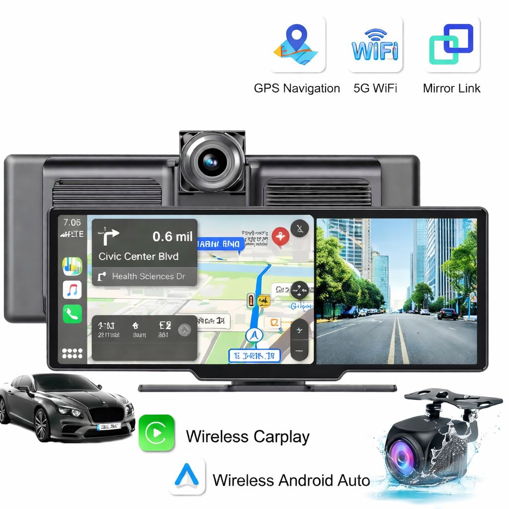 10.26'' 4K Car Mirror Dash Cam with Wireless CarPlay, Android Auto, GPS, Rearview Camera &amp; Multimedia Display