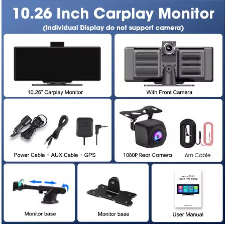 10.26'' 4K Car Mirror Dash Cam with Wireless CarPlay, Android Auto, GPS, Rearview Camera &amp; Multimedia Display
