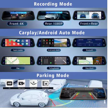 “10" 4K Dash Cam with CarPlay &amp; Android Auto, GPS, 5G WiFi, AUX, FM &amp; Rearview Mirror DVR”