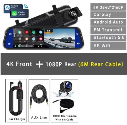 “10" 4K Dash Cam with CarPlay &amp; Android Auto, GPS, 5G WiFi, AUX, FM &amp; Rearview Mirror DVR”