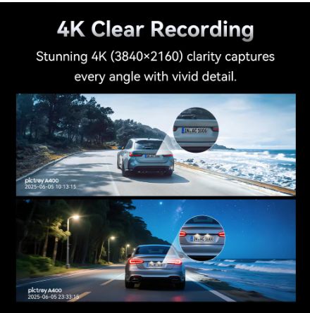 Pictrey A400 4K Dash Cam with ADAS, Wi-Fi, 1.9" IPS Screen, Night Vision &amp; Parking Monitor
