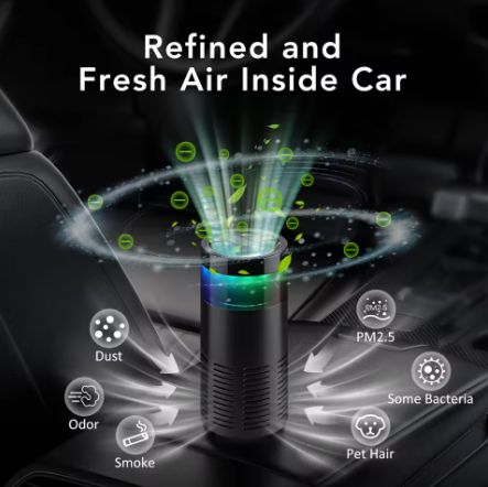 Mini Car Air Purifier – Removes Smoke/Pet Odor, Ionizer, Aroma Stick, Ambient Light