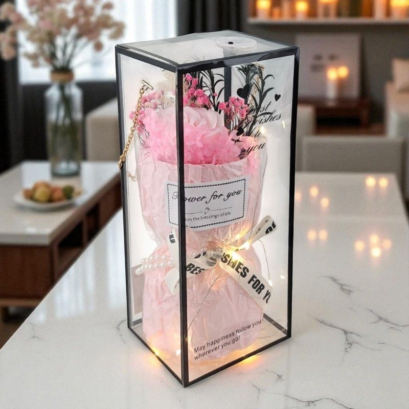 Bukiet zapachowych kwiatów mydlanych w pudełku na prezent, świecące LED