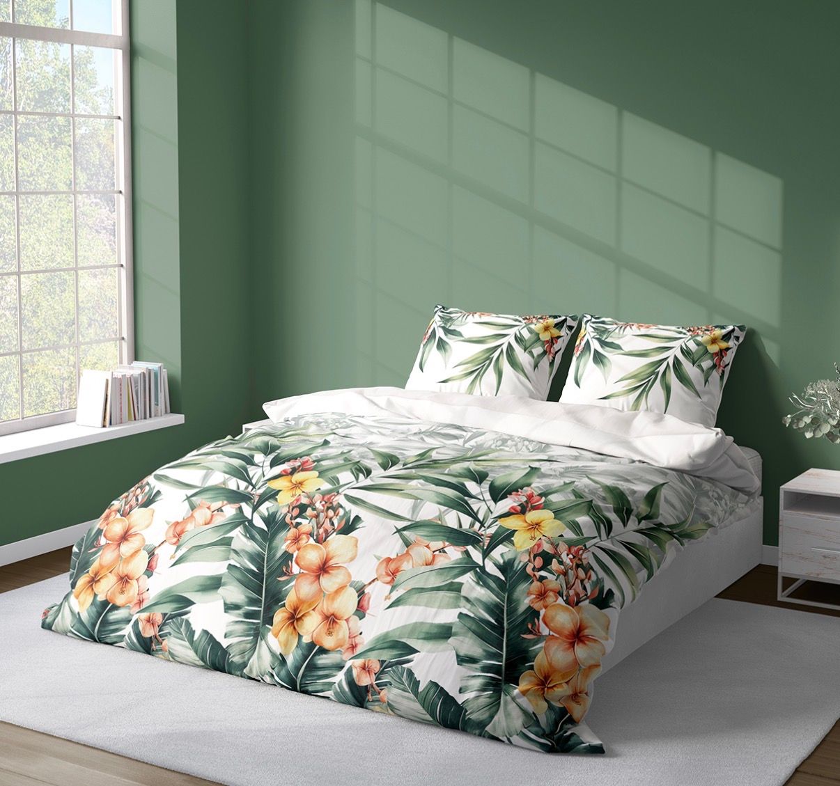 KOMPLET POŚCIELI EGZOTYCZNE KWIATY LIŚCIE PALMY 220X200 3-CZĘŚCIOWY