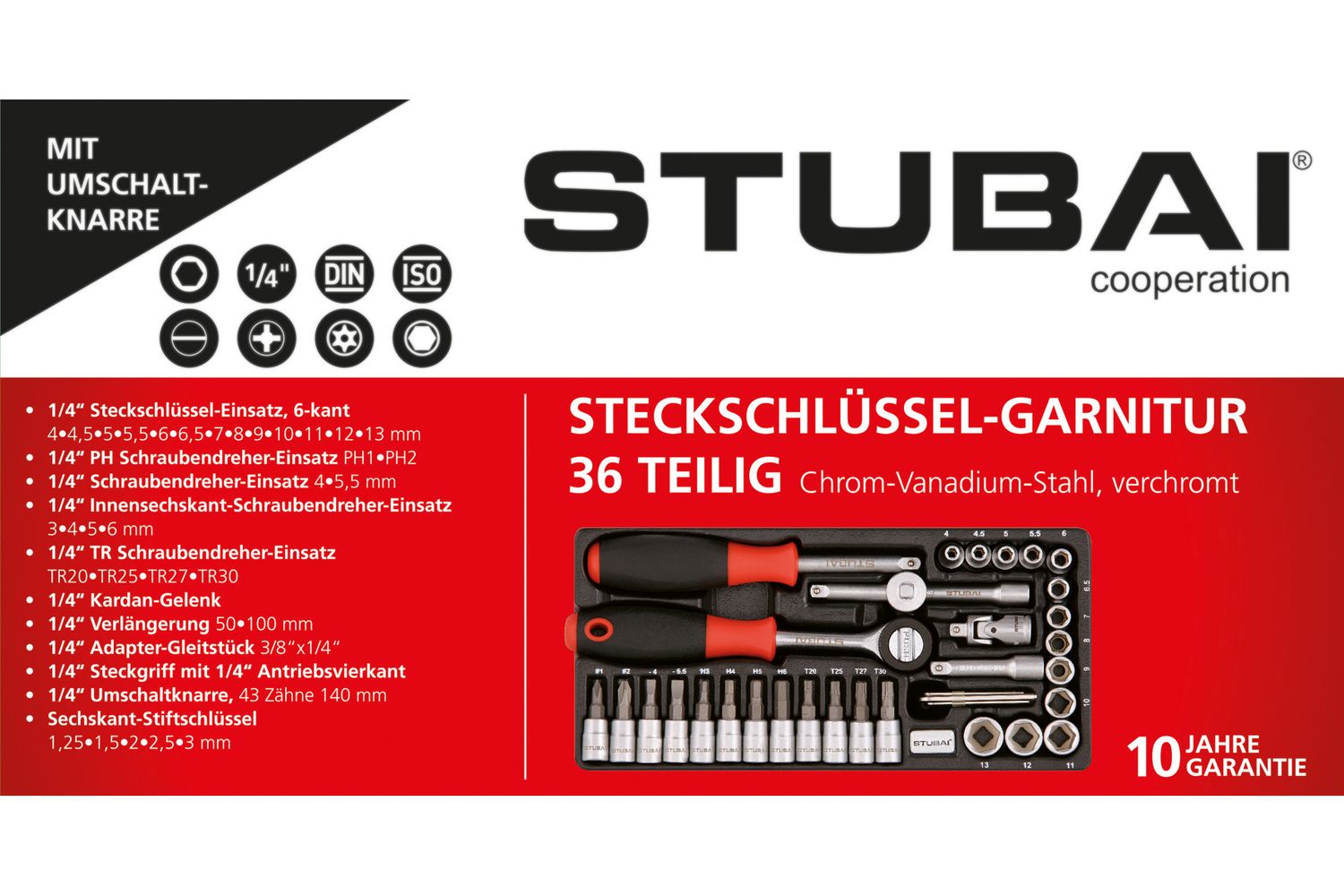 Steckschlüssel-Garnitur 1/4″ – 36-teilig mit Umschaltknarre &amp; Bits