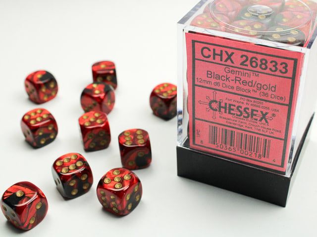 Chessex - 36d6 12mm Gemini - Noir-Rouge/Or