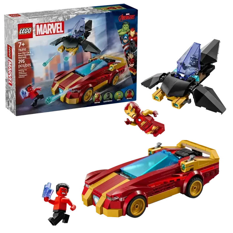 Lego 76310 Marvel - La voiture d’Iron Man et Black Panther contre Hulk rouge