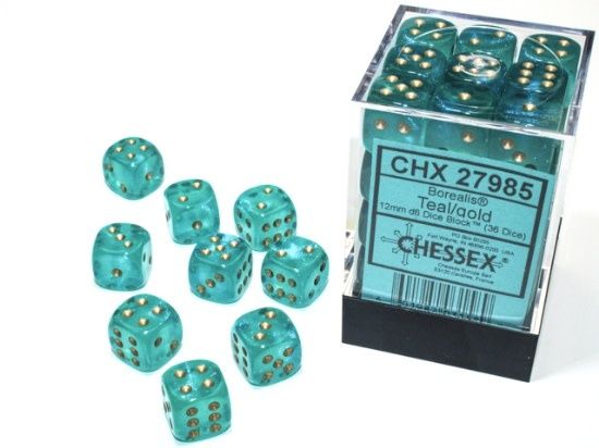 Chessex - 36d6 12mm Borealis - Turquoise/Or