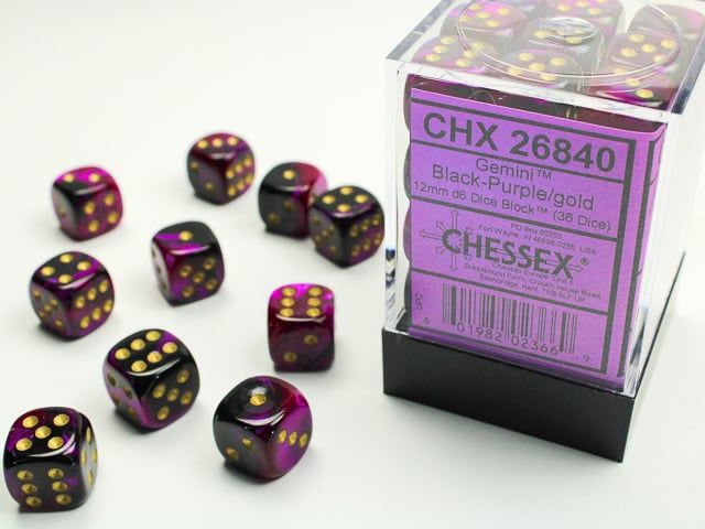 Chessex - 36d6 12mm Gemini - Noir-Mauve/Or